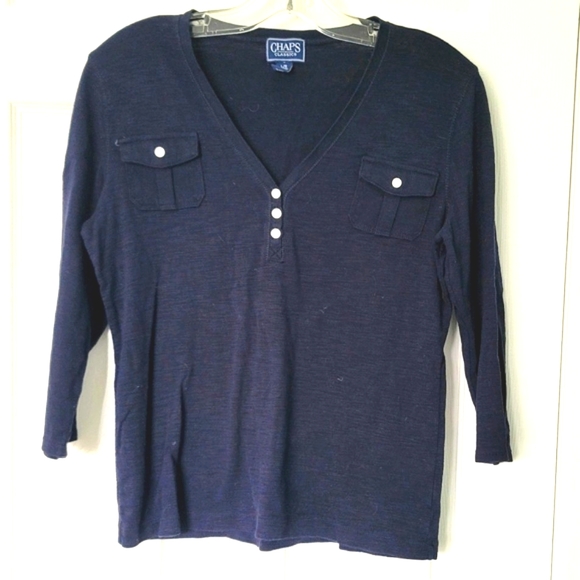 Chaps Classics Women's 3/4 Sleeve Cotton Top with Pockets Size L - Picture 1 of 11